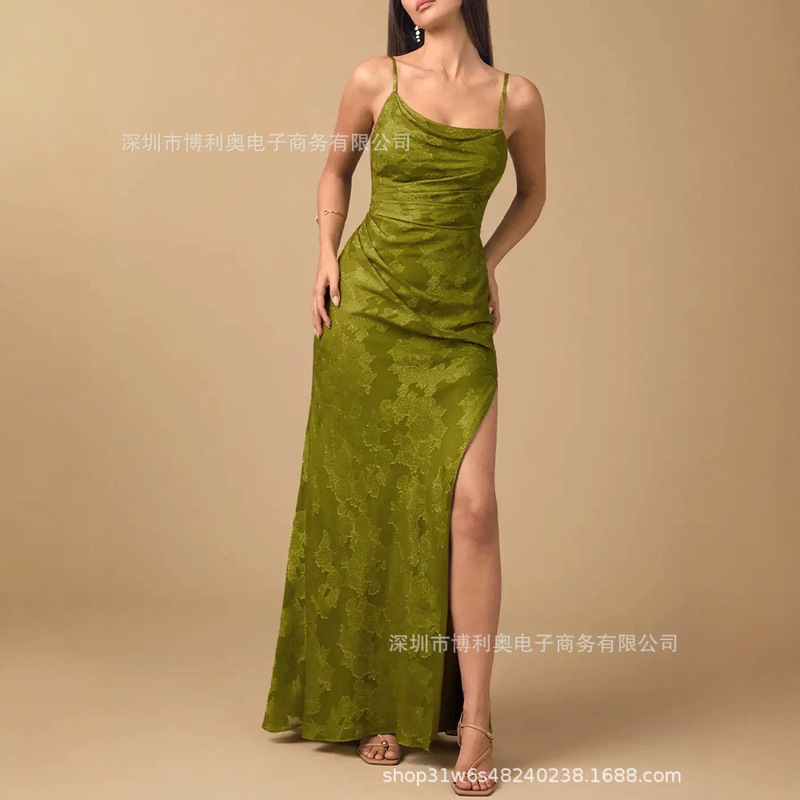 2026 New French Retro Swing Collar Strap Dress for Women, Backless, Ruffled, Slit, Jacquard, Long Party Dress