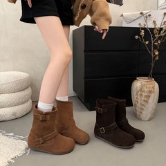 真皮勃肯马丁靴女2025秋新款丑萌堆堆靴平底中筒软底马丁靴西部靴