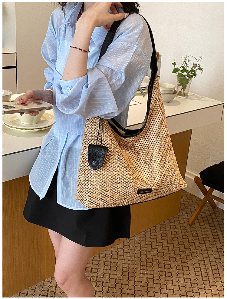 Gewebte Schultertasche Französischer Stil Gestreifte Strohtasche_voghion.com
