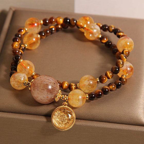Natural Yellow Tower Crystal Tiger Eye Bracelet Women's Light Luxury Niche Exquisite Double Circle Stacked Wearing Lucid Transfer Bracelet for Girlfriends