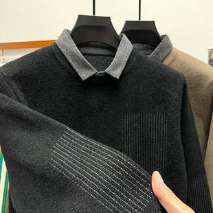 2023 new autumn and winter men's fake two-piece lapel sweater fleece-lined thickened warm long sleeve bottoming shirt casual sweater