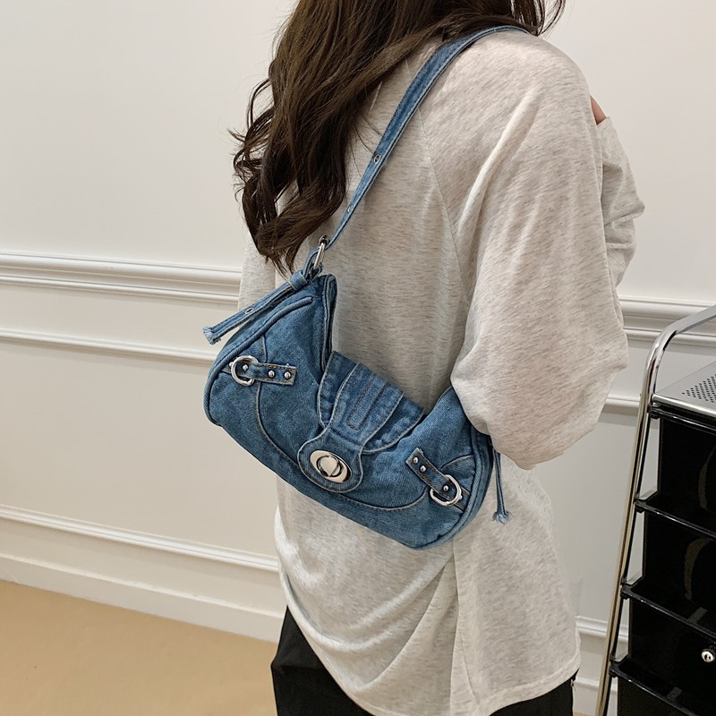 Retro Canvas Tote Bag Versatile Handheld Motorcycle Bag For Women Denim Bag 2026 New Arrival Trendy Hot Girl Underarm Bag - Thumbnail 2