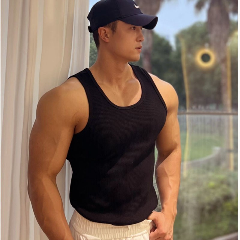 Pure Cotton Coarse Thread Slim Stretch Sports Fitness Vest Men's Round Neck Large Size Quick-Drying Muscle Training Breathable