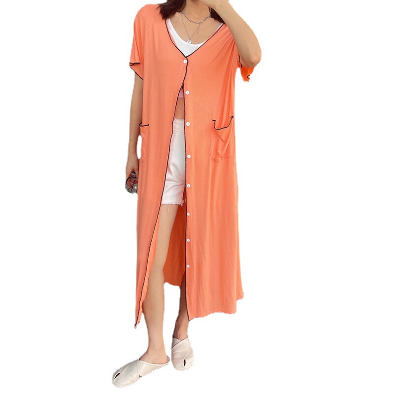 Summer new thread short sleeve long cardigan pocket simple thin coat single-breasted flying sweet long outer wear