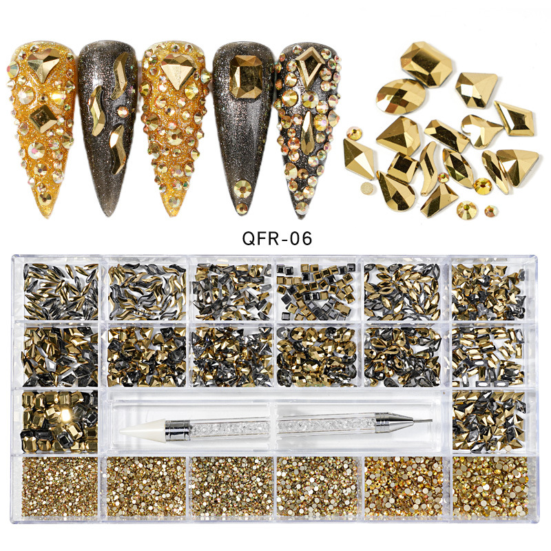 Transfronterizos 21 caja de diamante de agua de forma especial de fondo plano conjunto de joyería de uñas conjunto de pluma de puntuación de doble cabeza