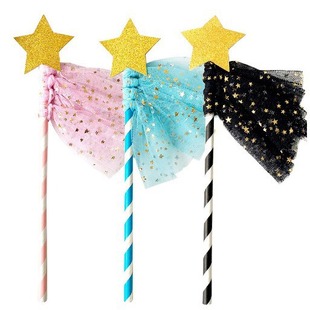 Golden Star Cake Insert, Five-Pointed Star Mesh Tassel Insert, Baking Dessert Table Cake Decoration Accessories
