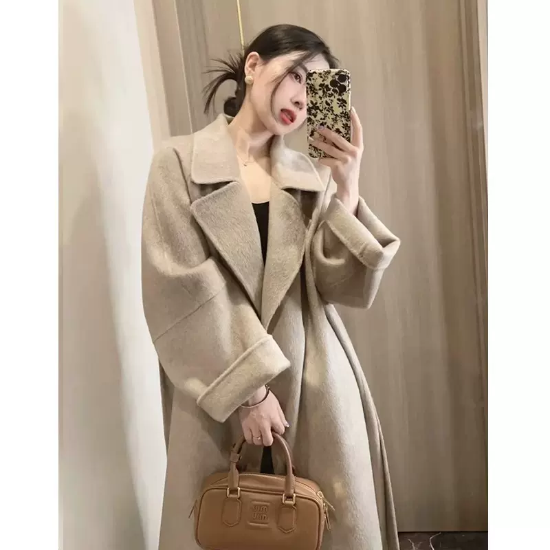 浴袍款式双面羊毛大衣 西西里系带宽松中长款加厚保暖毛呢外套女