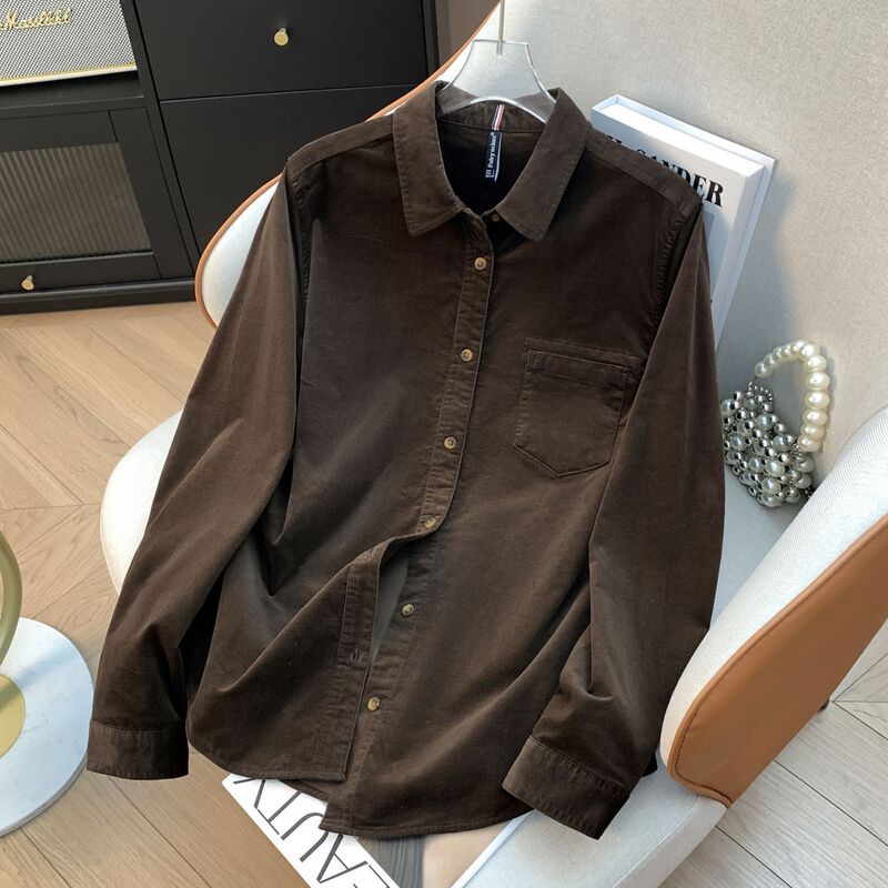 Corduroy shirt for women, new autumn collection, high-end style, wrinkle-resistant, no-iron, suitable for layering in winter, with a classic collar and retro design