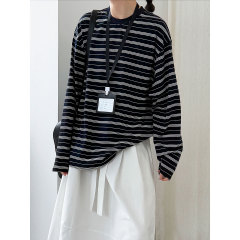 鹿西 复古撞色条纹宽松简约长袖T恤女秋季新款圆领打底衫上衣2031
