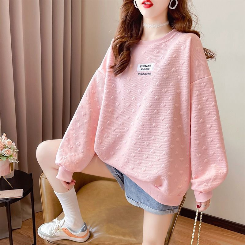 European Heavy Industry Jacquard Niche Cute Design Sweatshirt for Women Autum New Fat mm Large Size Loose Versatile Top