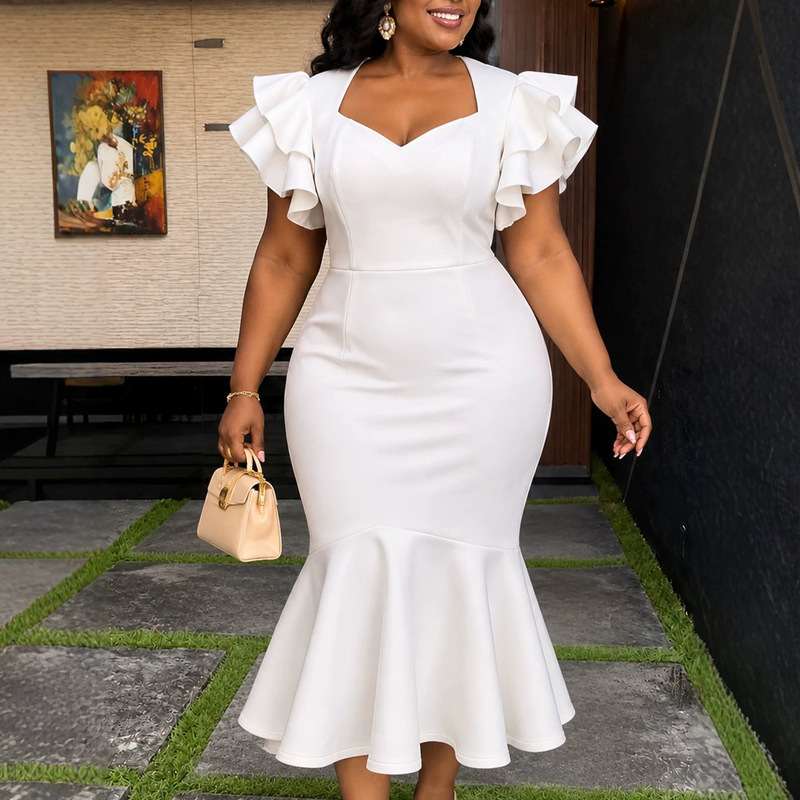 Plus-size white dress, V-neck, multi-layered ruffled sleeves, slim-fit, bodycon, mermaid-style, mid-length evening gown Plus-size white dress, V-neck, multi-layered ruffled sleeves, slim-fit, bodycon, mermaid-style, mid-length evening gown