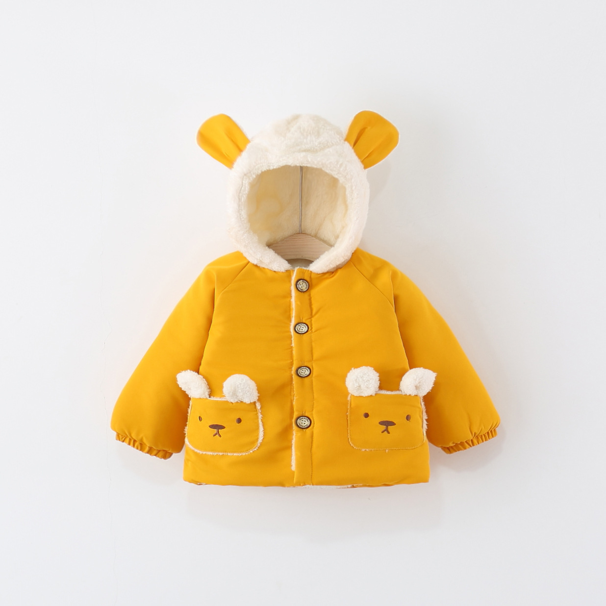 2025年冬装新款俩小熊口袋棉衣 女童加绒加厚带帽小棉衣卡通棉服