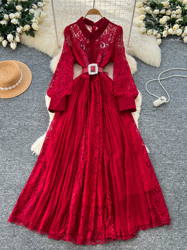 French Elegant Dress for Women, Fashionable Heavy Beaded Sequin Mesh Stitching Strap Waist Lace Long Skirt