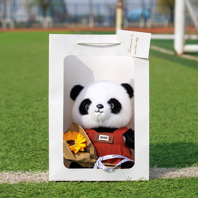 Red overalls panda [with gift bag + sunflower]