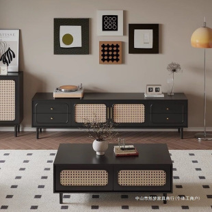 French Simple Retro Rattan Tv Cabinet Coffee Table Combination Home Floor-Standing Wabi-Sabi Style New Black Tv Cabinet Set