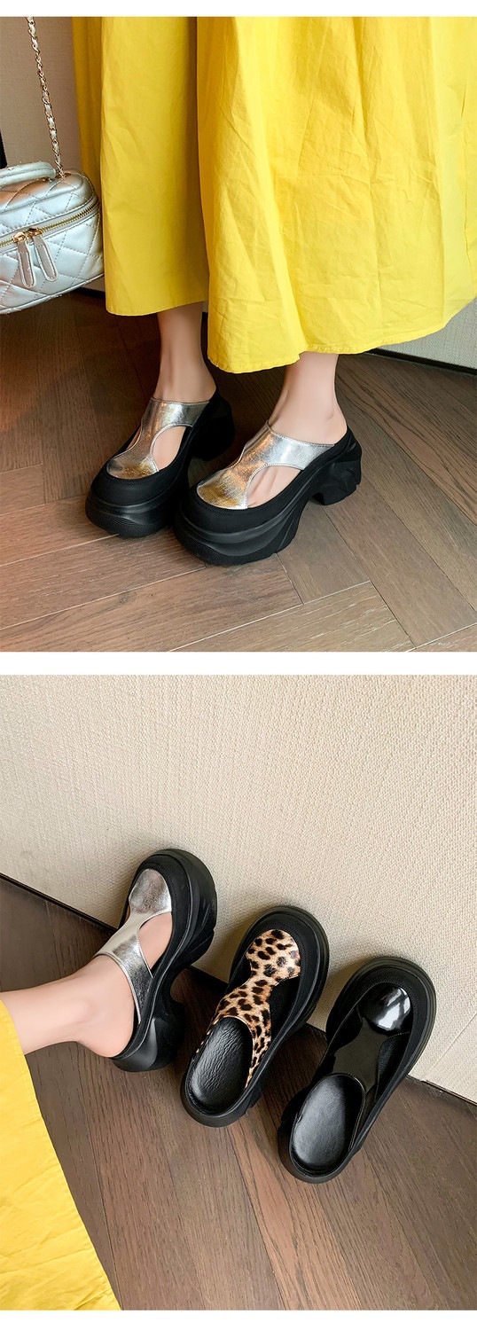 Dép sandal nữ da thật họa tiết da báo đế xuồng cao gót 9 cm — Trang chủ, màu đen, bạc chi tiết 36