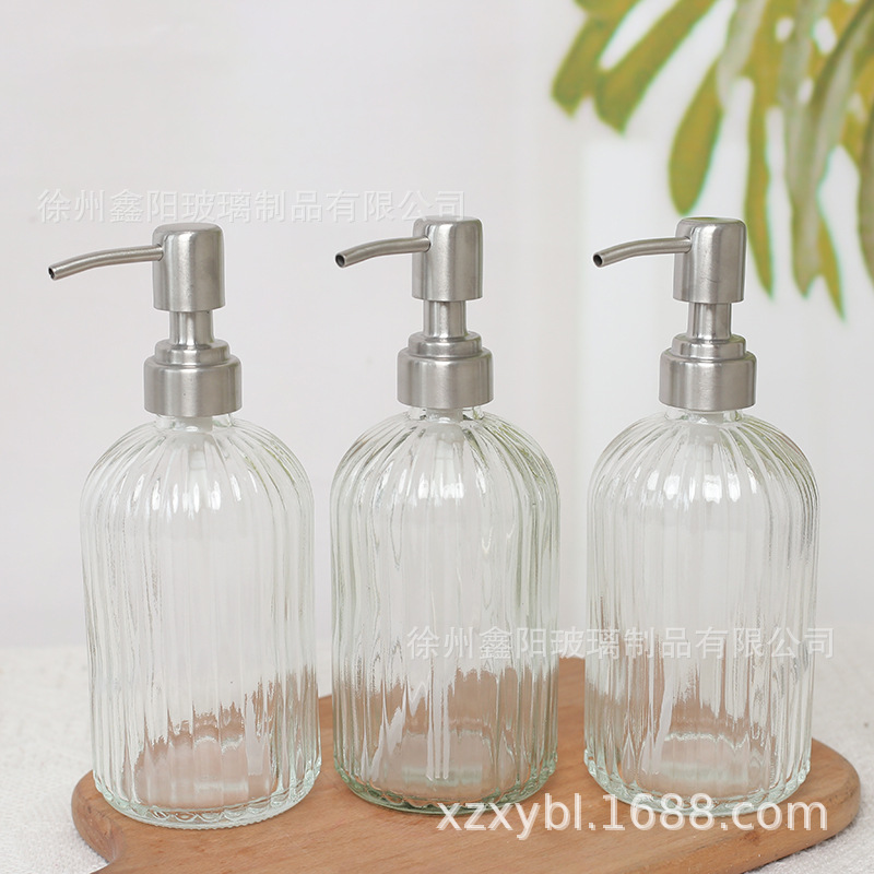 Dispensador de jabón de baño de 400 ml con rayas verticales, botella de repuesto para champú, gel de ducha, botella de vidrio para desinfectante de manos, botella vacía con cabezal de bomba