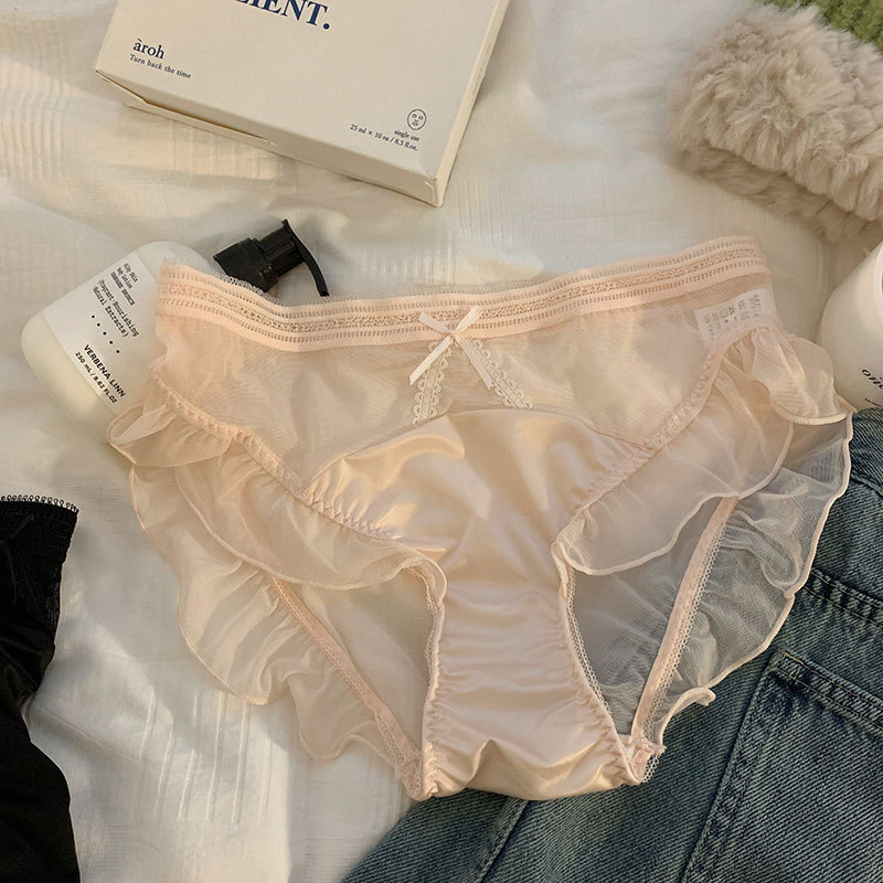 Japanese pure ice silk satin underwear women's mid-waist lace mesh sexy sweet underwear women