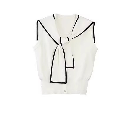 【Nautical Princess】Elel Navy Collar Shawl Sleeveless Blouse for Women 2026 Spring New Design Knitwear