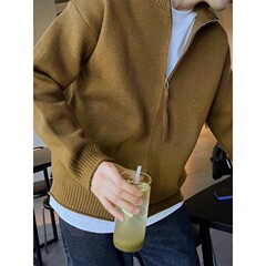 卡其色立领开衫针织毛衣男款春秋季轻熟风穿搭潮牌高级感拉链外套