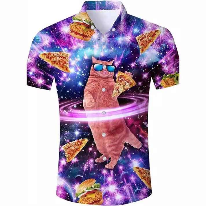 2025 Cross-Border Foreign Trade Cat Food Hawaiian Shirt 3D Printed Beach Shirt Lapel Men's Shirt Fashion
