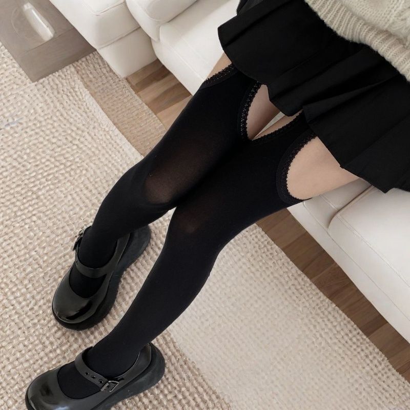 Black Four-Sided Hollow Pantyhose with Suspenders, Core-Spun Silk, Sexy Thigh-High Stockings with Holes on Both Sides, Classy Stockings