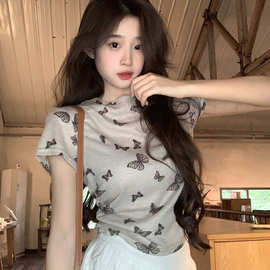 抽褶蝴蝶短袖T恤女2025夏季新款设计感小众韩版短款修身显瘦上衣