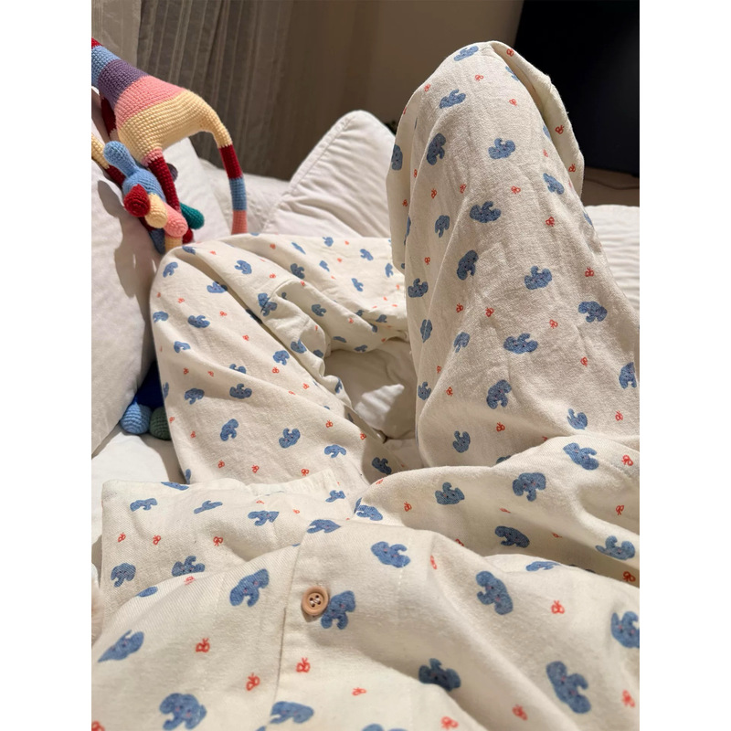 Ins cute blue elephant long-sleeved long-pants cloud cotton pajamas for women, comfortable and loose, spring and autumn home wear set