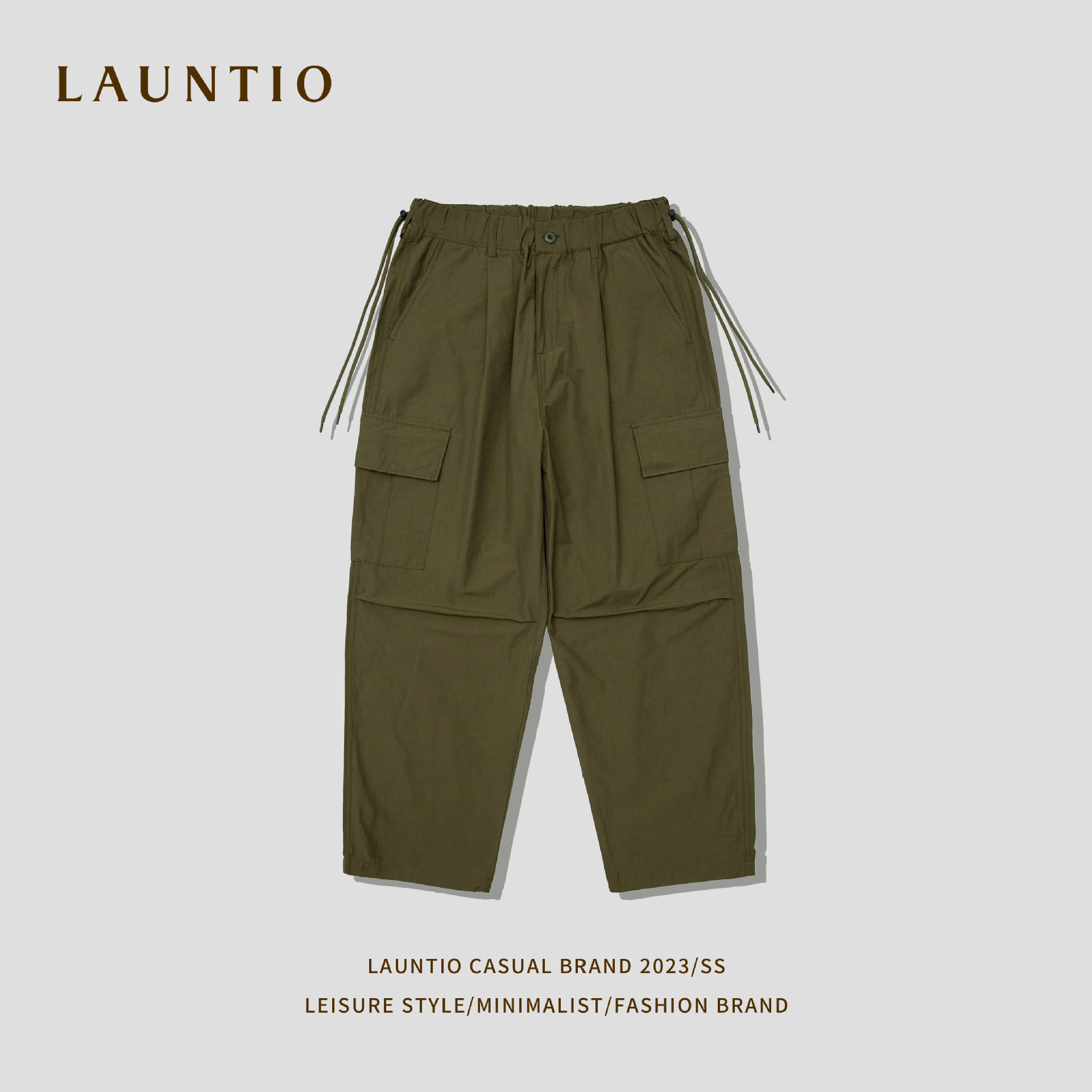 龙之日系复古2023春季新款纯色工装裤多口袋抽绳腰带直筒工装裤男|ms