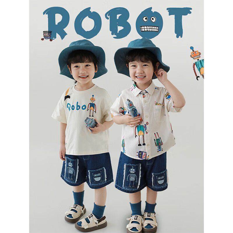 Wurib a boy summer new thin loose T-shirt lapel shirt children's shorts robot series suit