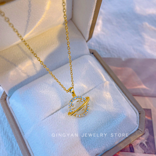 Japanese and Korean style new smiling face little planet pendant titanium steel necklace female super fairy niche clavicle chain high-end versatile jewelry