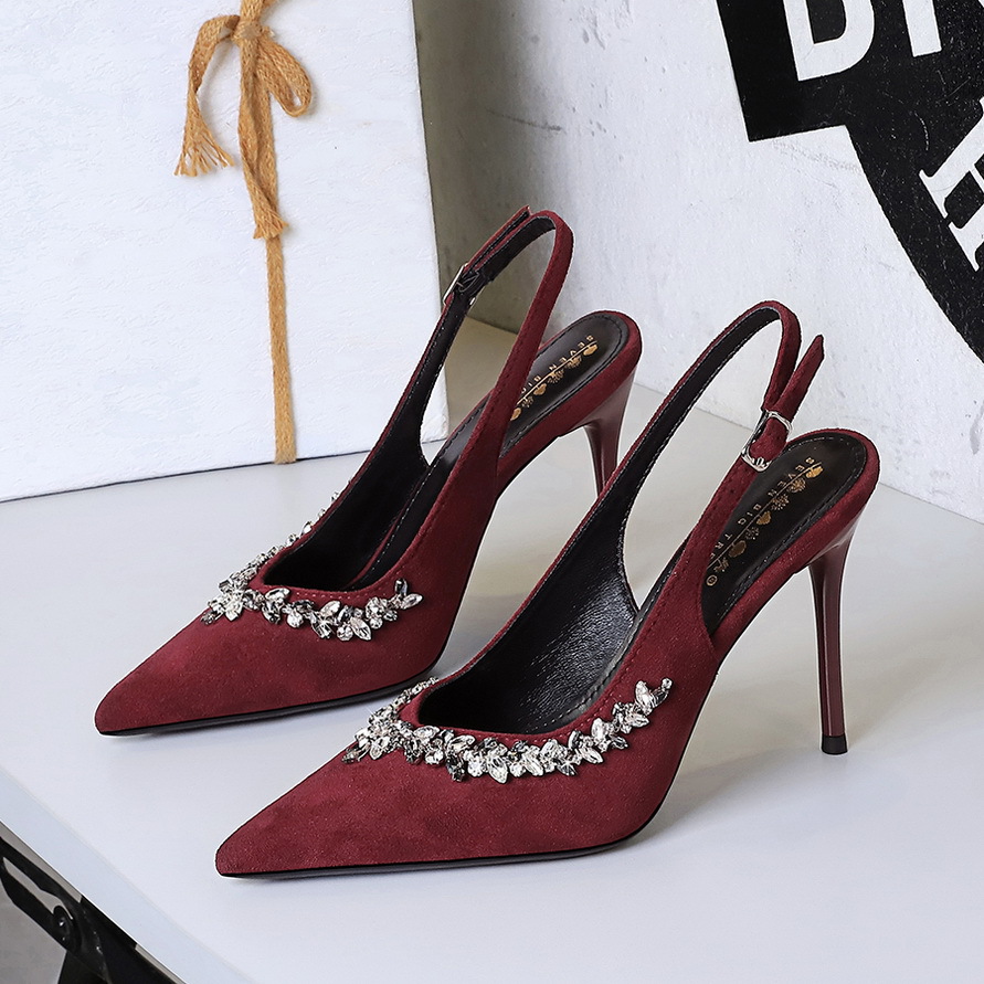 2338-2 European And American Style Party Heels Stiletto Pointed Toe Rhinestone Shallow Suede Backless Back Strap Ultra_vogvips.com
