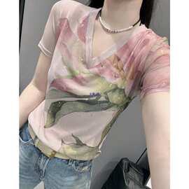 欧洲站夏新款蕾丝印花领短袖恤女独特别致修身弹力百搭半袖上衣