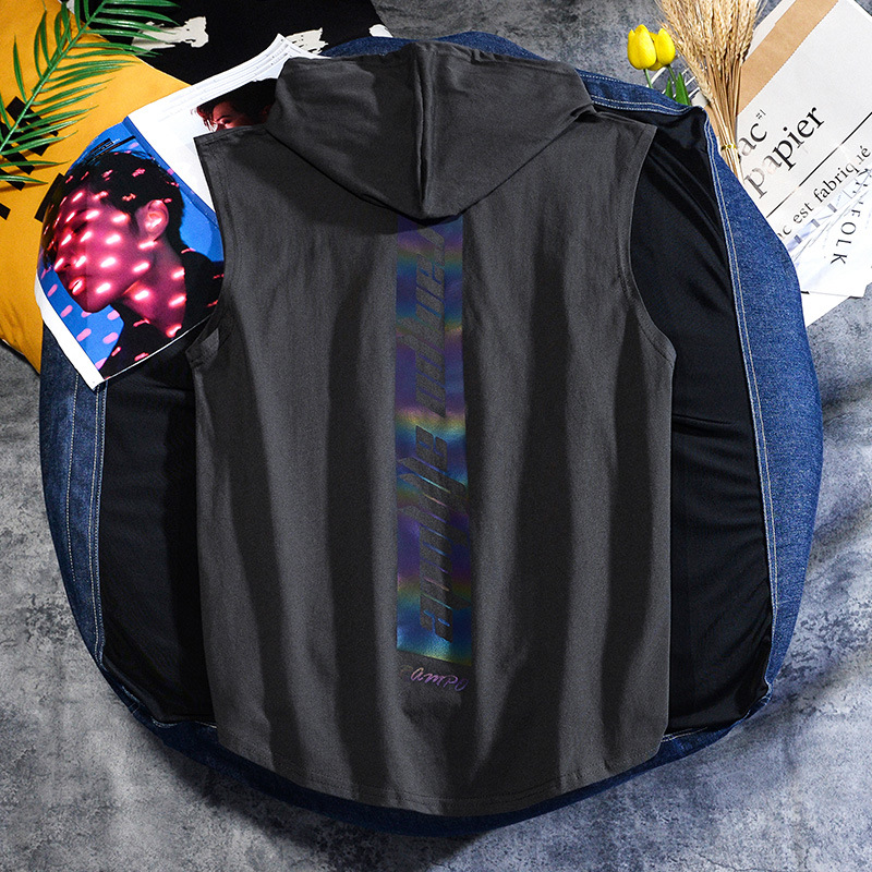 T-shirt senza maniche in cotone di cotone Xinjiang a fiocco lungo gilet maschile marea marca laser riflettente con cappuccio sciolto taglie forti T-shirt marea_voghion.com