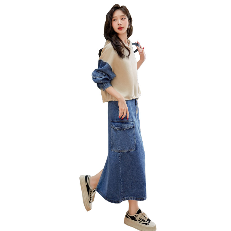 Women's fashion casual suit 2024 spring new stitching denim dress two-piece Y24011