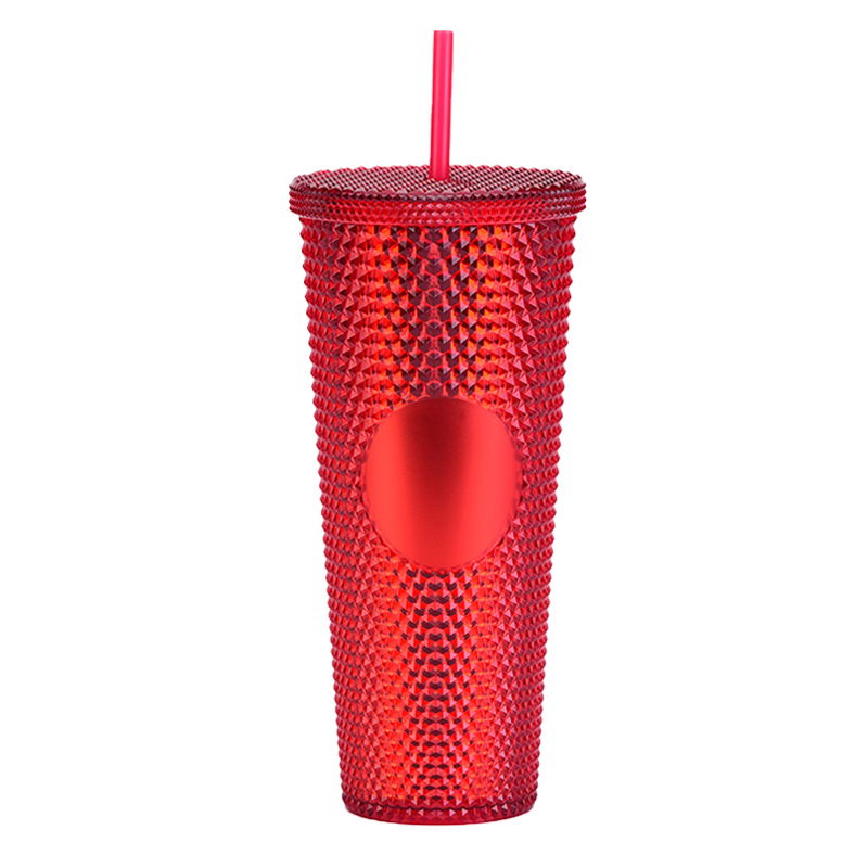 Suministro directo de fábrica de doble capa de paja de plástico taza de gran capacidad creativa 710ml taza Durian taza de mano portátil taza de diamante