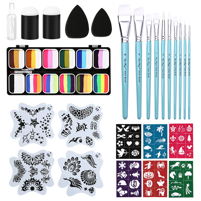 3012F-12 그리드 페인트 페이스트 + 레이크 블루 페인트 펜 10개 + 정사각형 템플릿 4개 + 스티커 6개 + 손가락 침대 2개 + 크고 작은 물방울 각 1개 + 물뿌리개