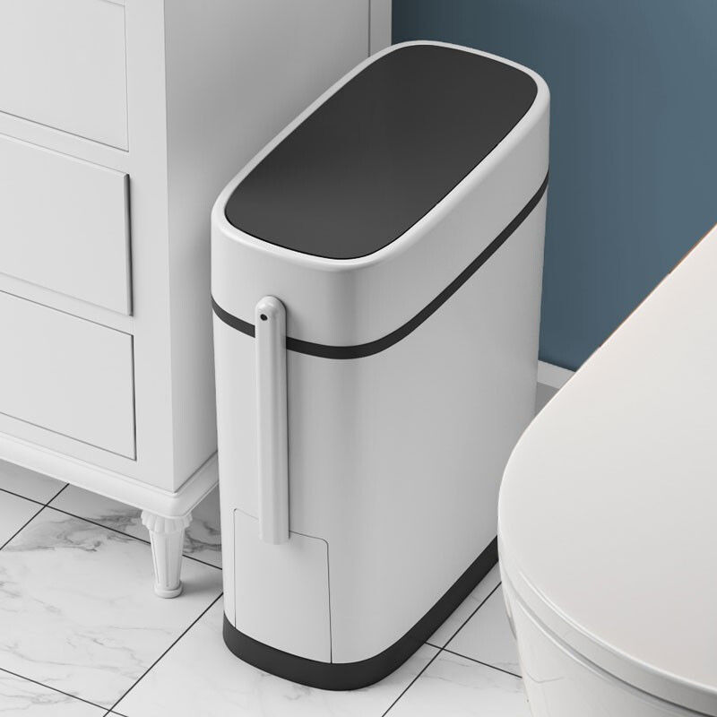 Bathroom Trash Can with Lid, Household Toilet Brush Integrated Sanitary Bin, Crevice Paper Basket, Press-Type for Bathroom