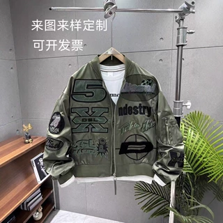 定制外贸加厚色丁布棒球服锁链平绣字母贴布绣加厚夹棉棒球服工厂