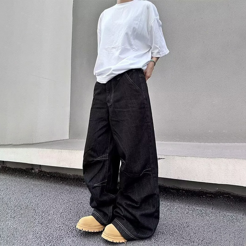 美式复古街头风设计感牛仔裤2024春秋季新款宽松休闲百搭长裤子潮