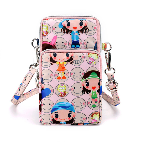 Cross-border wholesale Oxford cloth water-resistant cartoon phone bag three-layer phone pouch single-shoulder crossbody strap wrist hang neck