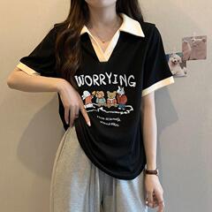 大きいサイズの女性用漫画プリント半袖Tシャツ、2023年夏、ゆったりとした着痩せ効果のあるポロシャツトップス、日韓風
