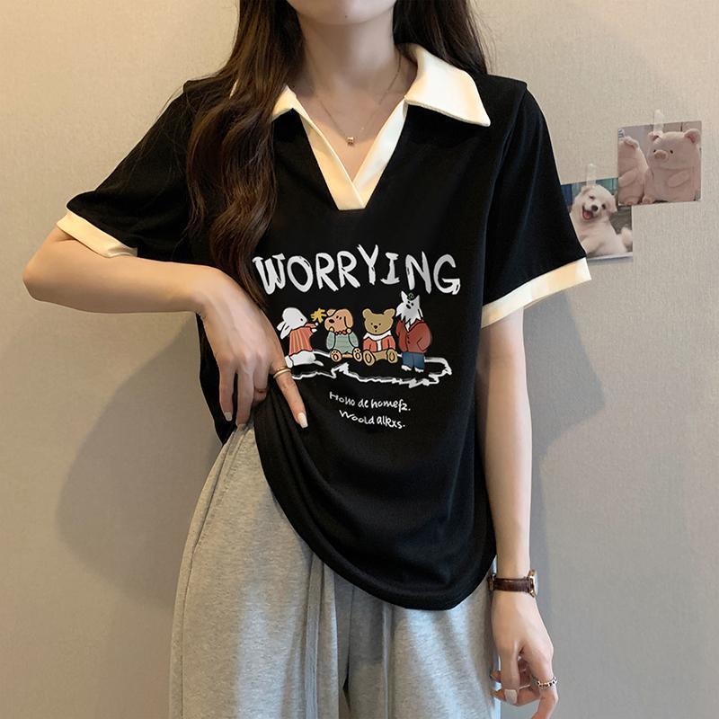 빅사이즈 여성용 배색 V넥 반팔 티셔츠, 여름 신상 패션 디자인, 루즈핏 슬리밍 효과, 살을 가려주는 상의
