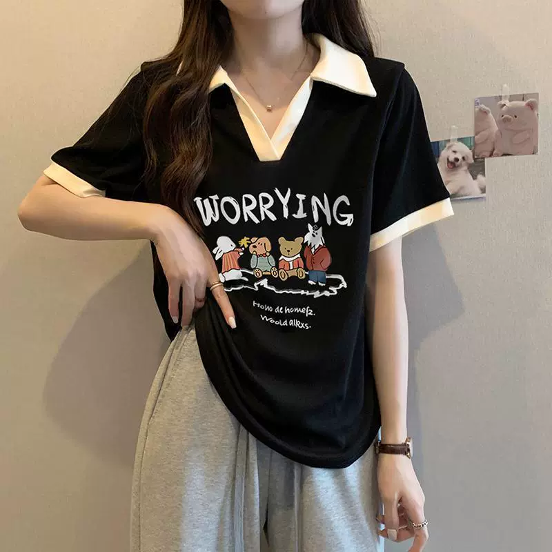 Женская футболка с короткими рукавами и мультяшным принтом больших размеров, женская летняя 2023 Новая женская Свободная рубашка-поло для похудения, Топ
