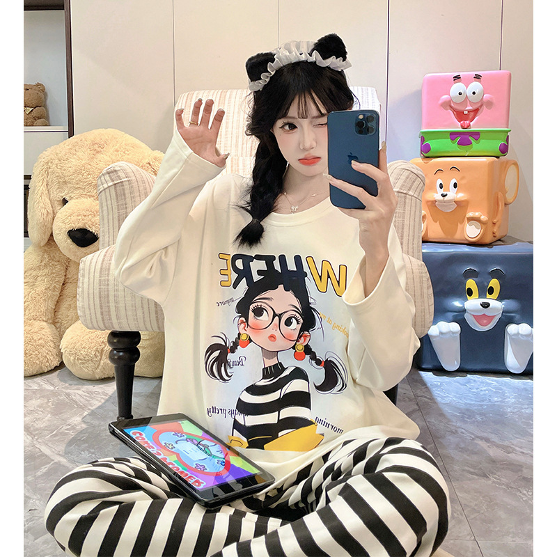 卡通宽松新款睡衣女秋可外穿可爱百搭圆领针织仿棉秋冬家居服套装|undefined