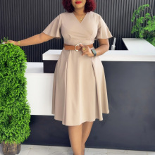 D3333跨境亚马逊欧美女装夏季新款V领喇叭袖休闲A字裙非洲连衣裙