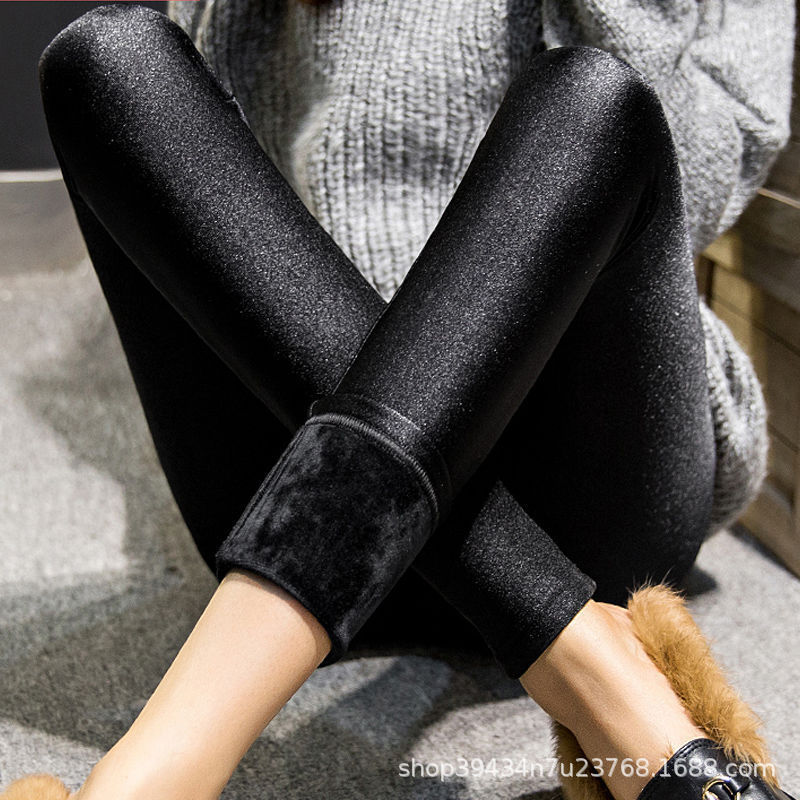 Pantalones brillantes forrados de lana de otoño e invierno ropa exterior de Mujer Pantalones de lápiz elásticos negros polainas recortadas de cintura alta engrosadas más tamaño pantalones de paso