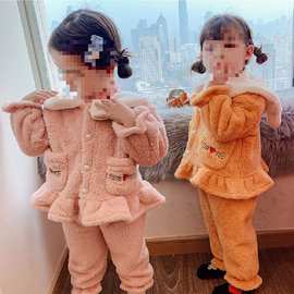 女童套装毛绒绒加厚卡通外套加长裤26冬装新款外贸童装代发3-8岁