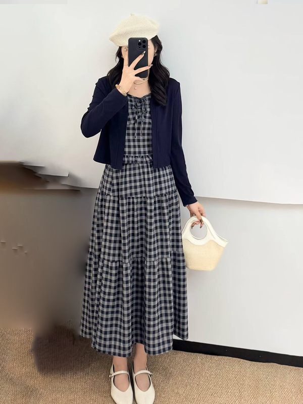直销秋季显瘦气质复古法式时尚格子防晒开衫吊带半身裙三件套套装|undefined