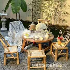 老榆木围炉冰茶桌便携式露营野餐烧烤桌靠背椅茶馆圆形冰茶桌餐椅